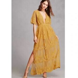 NEW Honey Punch Sheer Lace Maxi Dress M Marigold Floral Embroidered